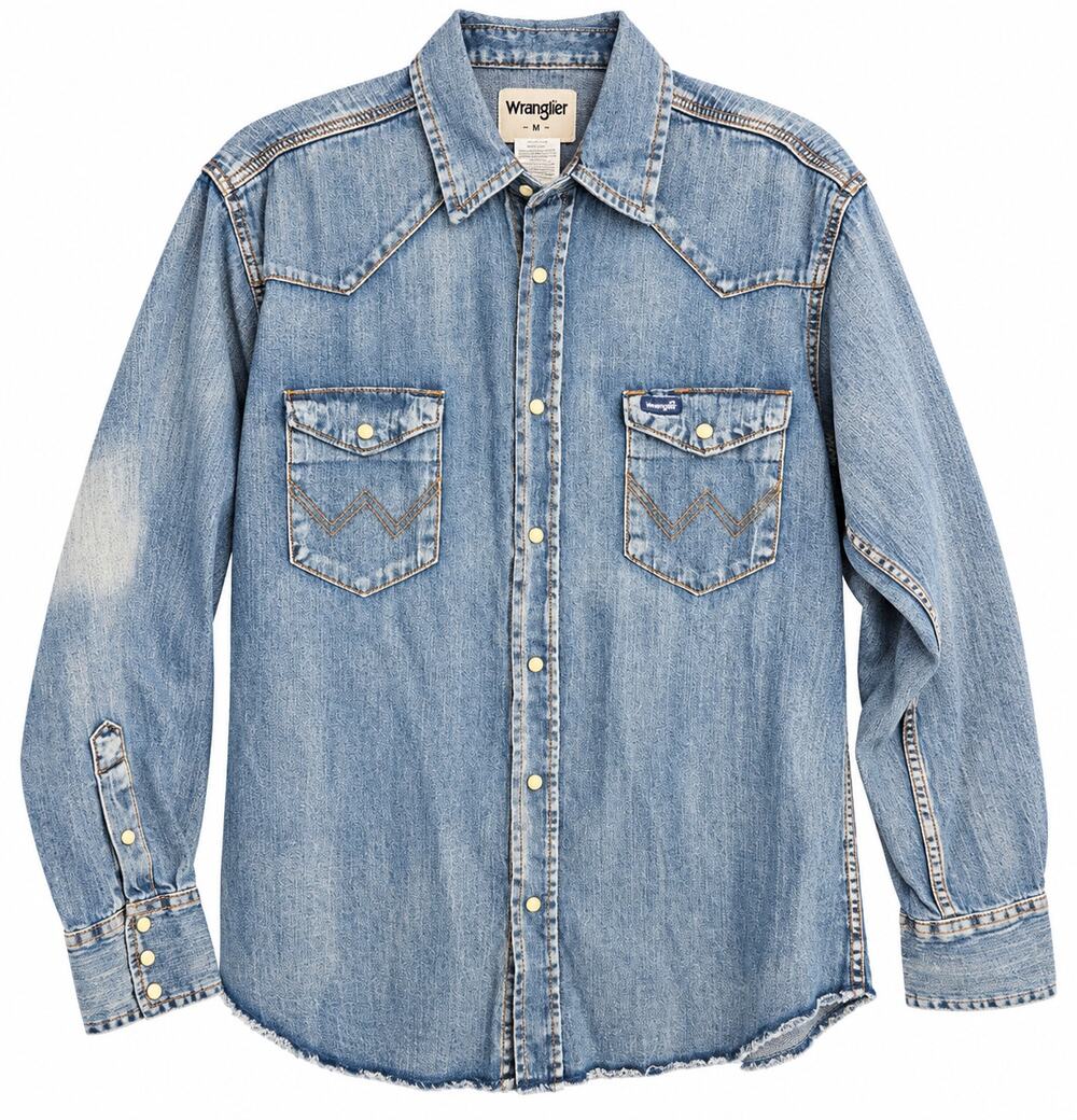 Wrangler Men's Western Denim Shirt M Blue Pearl Snap Cowboy Raw Hem